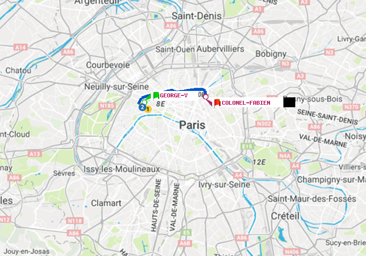 plan itinéraire ratp de George V à Colonel Fabien