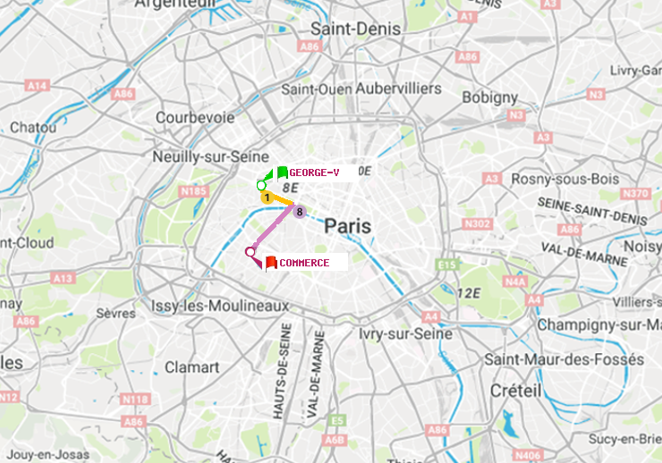 plan itinéraire ratp de George V à Commerce