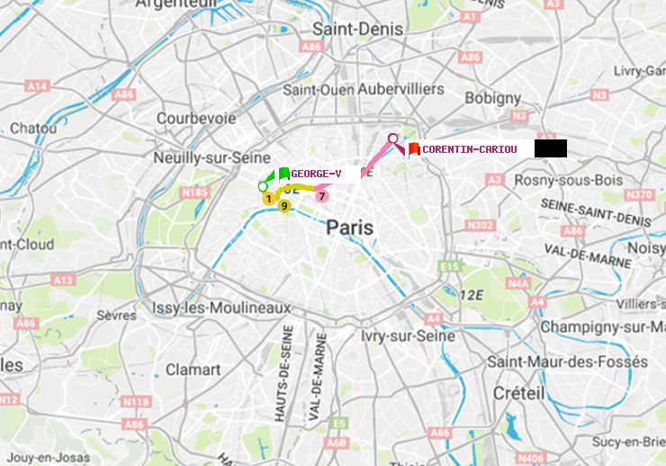 plan itinéraire ratp de George V à Corentin-Cariou