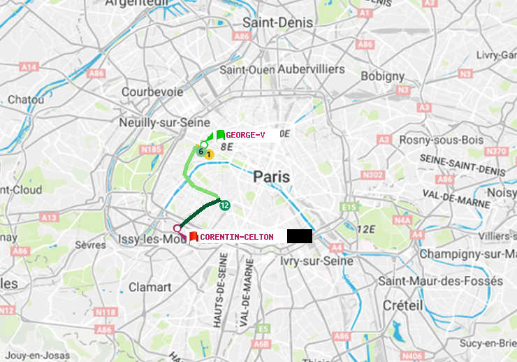 plan itinéraire ratp de George V à Corentin-Celton