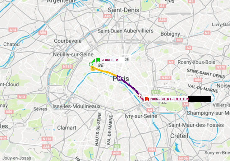 plan itinéraire ratp de George V à Cour Saint-Emilion