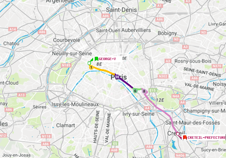 plan itinéraire ratp de George V à Créteil-Préfecture (Hôtel de Ville)