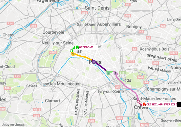 plan itinéraire ratp de George V à Créteil-Université