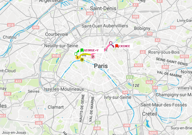 plan itinéraire ratp de George V à Crimée