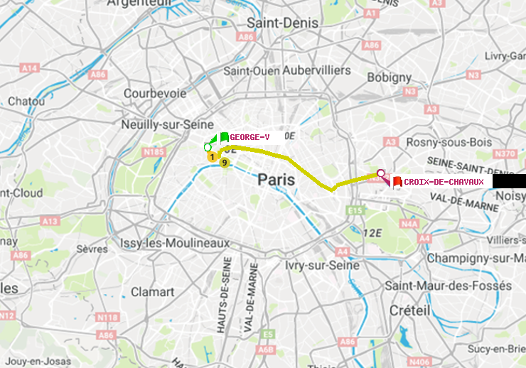 plan itinéraire ratp de George V à Croix-de-Chavaux (Jacques Duclos)
