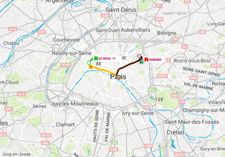 plan itinéraire ratp de George V à Danube