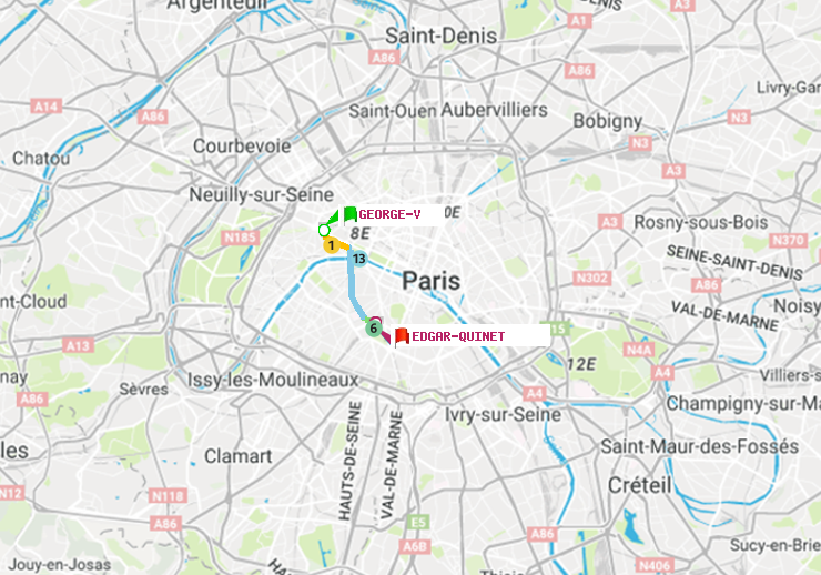 plan itinéraire ratp de George V à Edgar-Quinet