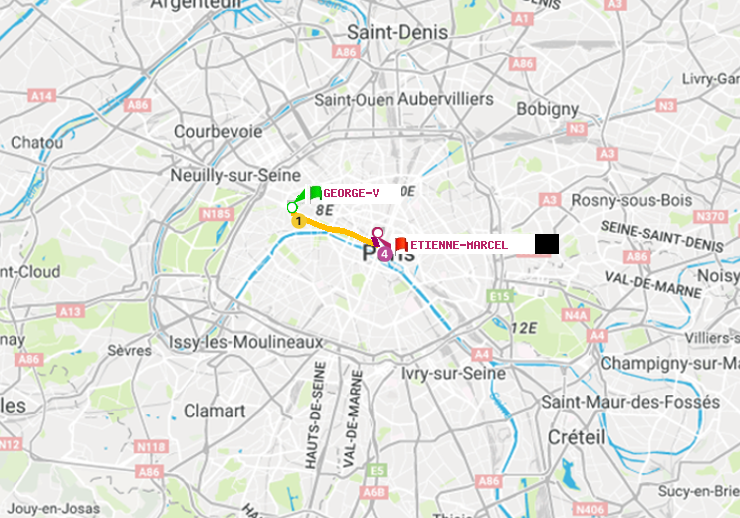 plan itinéraire ratp de George V à Etienne Marcel