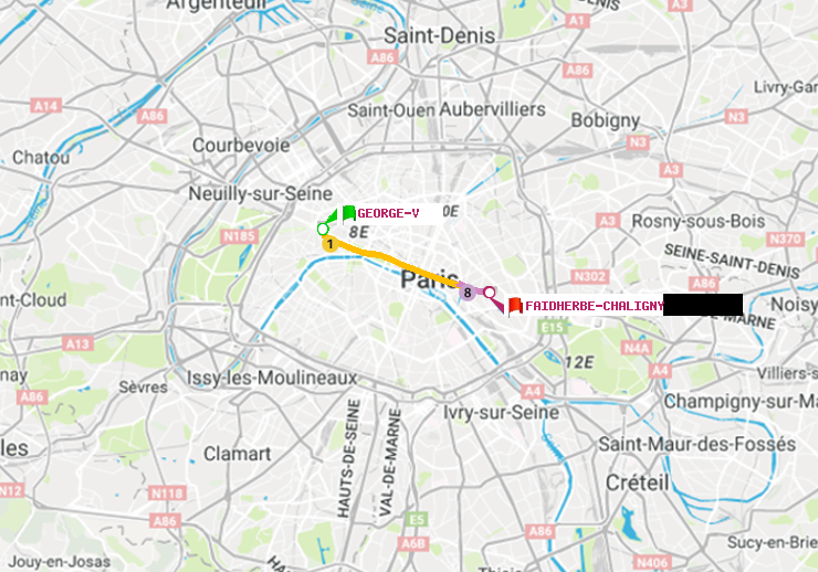 plan itinéraire ratp de George V à Faidherbe-Chaligny