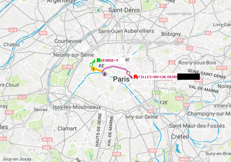 plan itinéraire ratp de George V à Filles du Calvaire