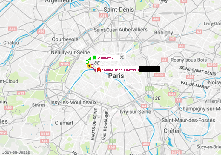 plan itinéraire ratp de George V à Franklin-Roosevelt
