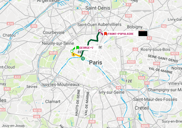 plan itinéraire ratp de George V à Front Populaire