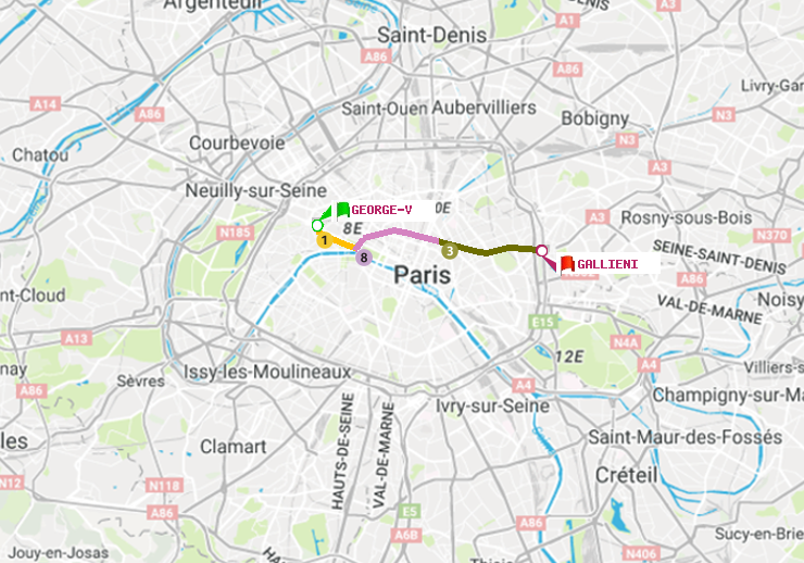 plan itinéraire ratp de George V à Gallieni (Parc de Bagnolet)