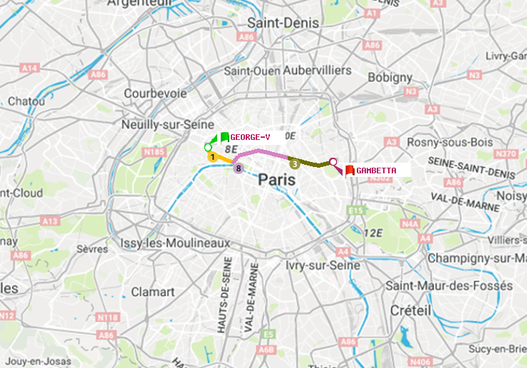 plan itinéraire ratp de George V à Gambetta