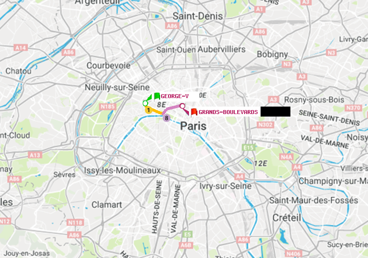 plan itinéraire ratp de George V à Grands Boulevards