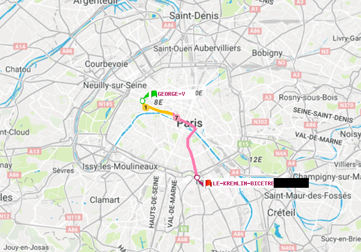 plan itinéraire ratp de George V à Le Kremlin-Bicêtre