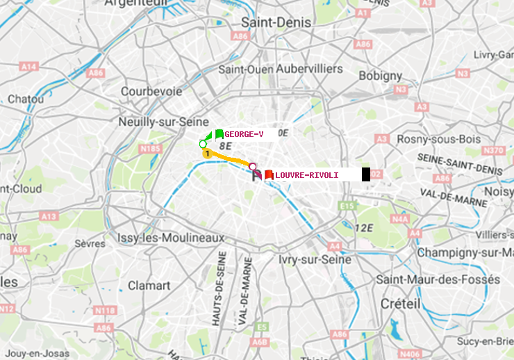 plan itinéraire ratp de George V à Louvre-Rivoli