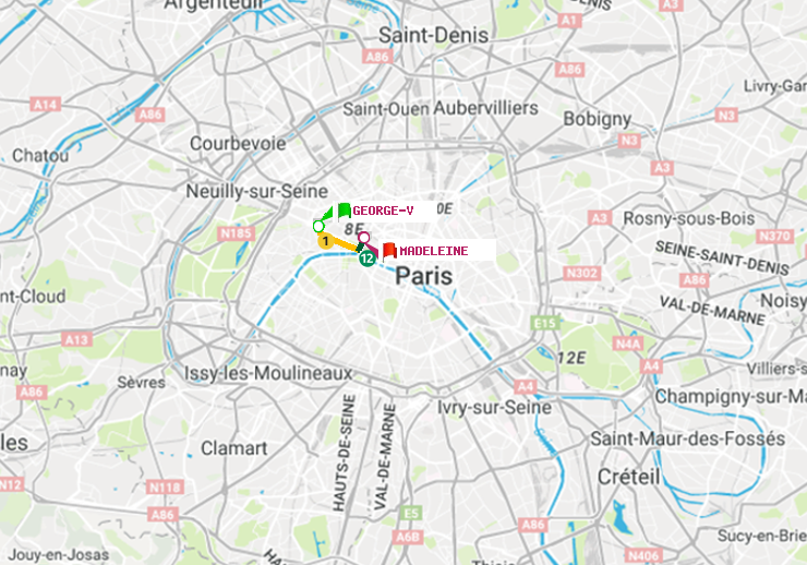plan itinéraire ratp de George V à Madeleine