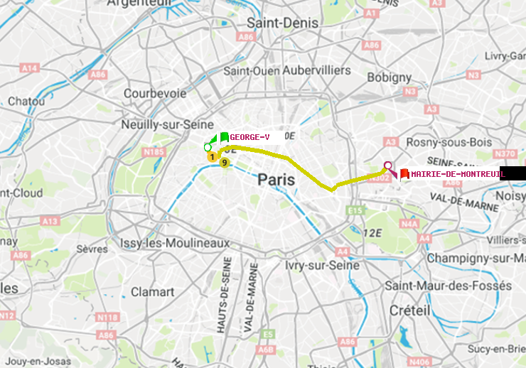 plan itinéraire ratp de George V à Mairie de Montreuil