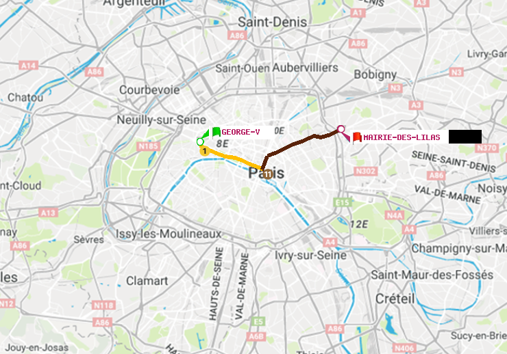 plan itinéraire ratp de George V à Mairie des Lilas