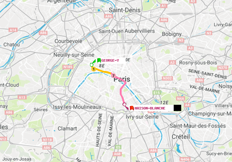 plan itinéraire ratp de George V à Maison Blanche