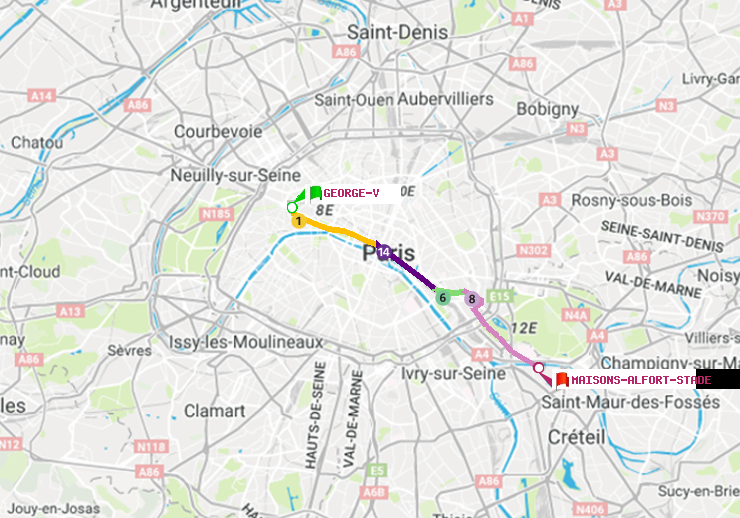 plan itinéraire ratp de George V à Maisons-Alfort-Stade