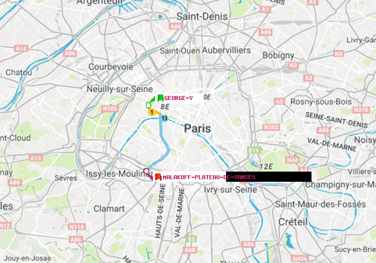 plan itinéraire ratp de George V à Malakoff-Plateau de Vanves