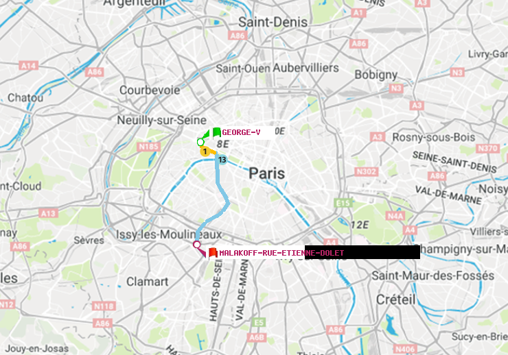 plan itinéraire ratp de George V à Malakoff-Rue Etienne Dolet