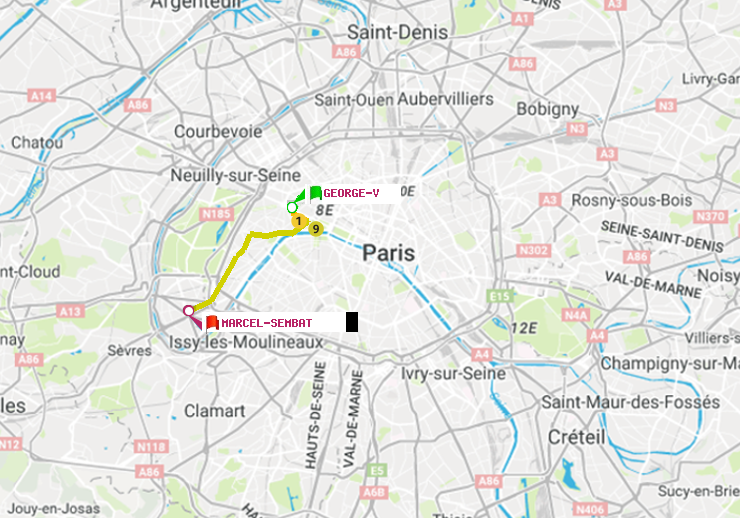 plan itinéraire ratp de George V à Marcel Sembat
