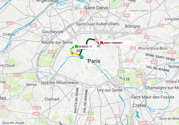plan itinéraire ratp de George V à Marx-Dormoy