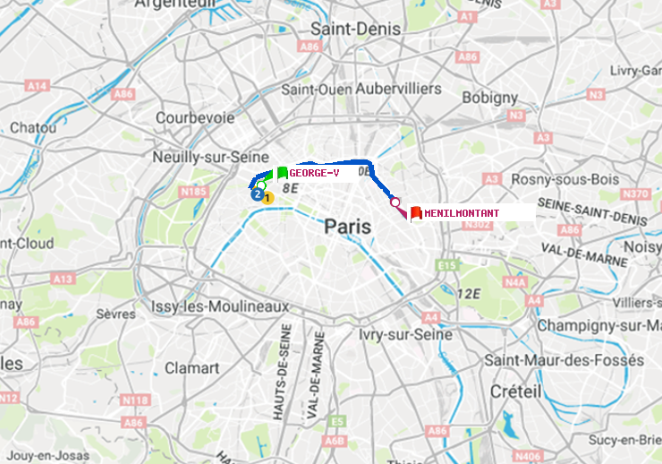 plan itinéraire ratp de George V à Ménilmontant