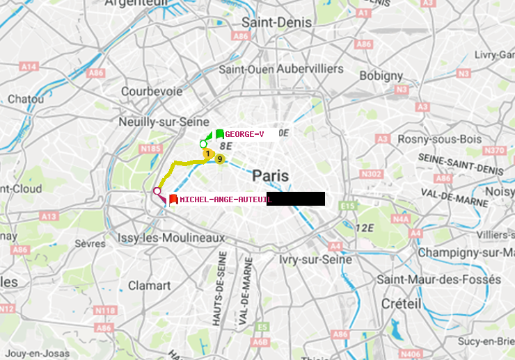 plan itinéraire ratp de George V à Michel-Ange-Auteuil