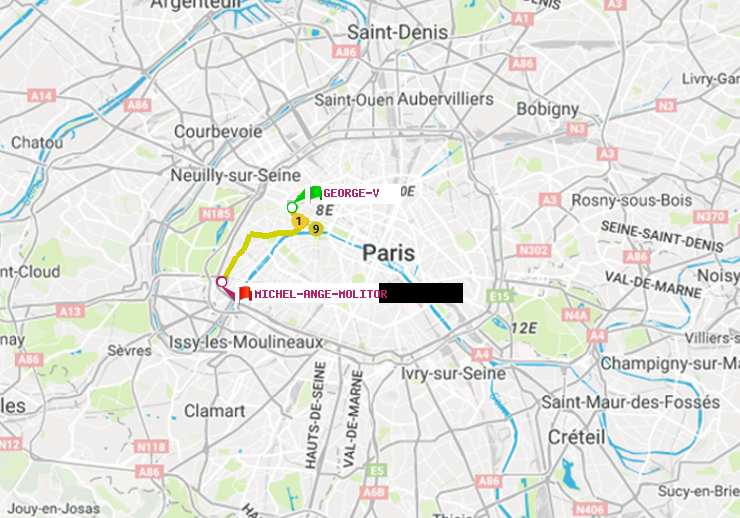 plan itinéraire ratp de George V à Michel-Ange-Molitor