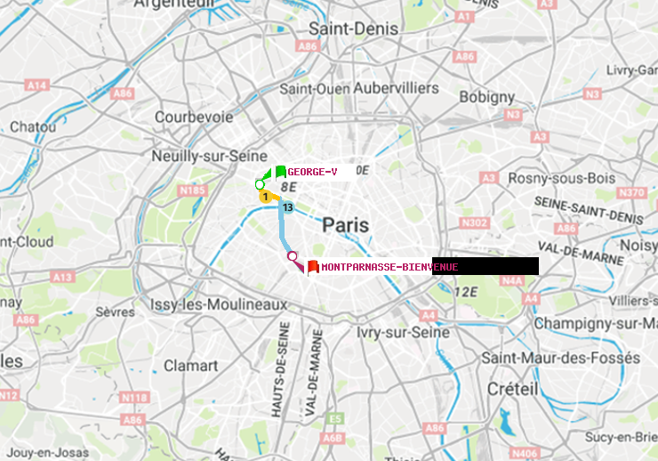 plan itinéraire ratp de George V à Montparnasse-Bienvenue