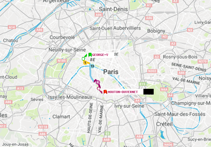 plan itinéraire ratp de George V à Mouton-Duvernet