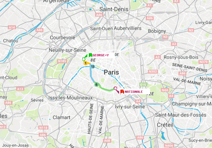 plan itinéraire ratp de George V à Nationale