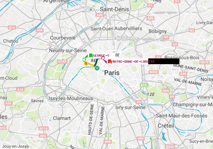 plan itinéraire ratp de George V à Notre-Dame de Lorette