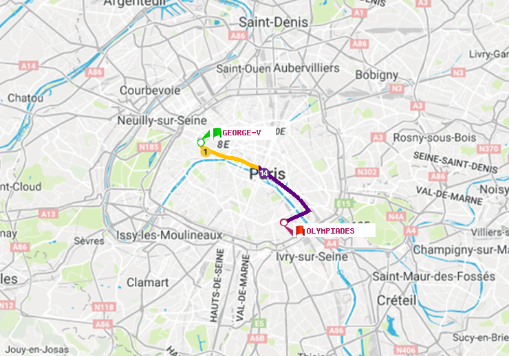plan itinéraire ratp de George V à Olympiades