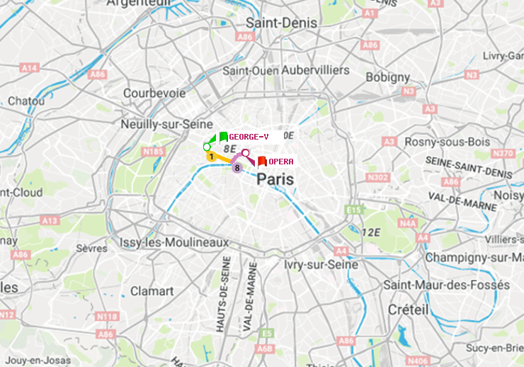 plan itinéraire ratp de George V à Opéra