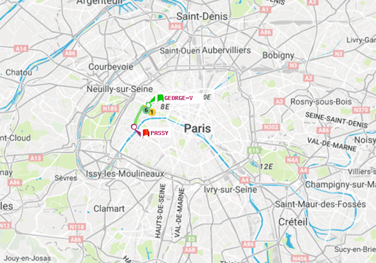 plan itinéraire ratp de George V à Passy