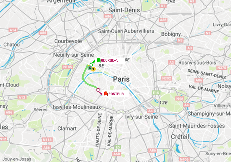 plan itinéraire ratp de George V à Pasteur