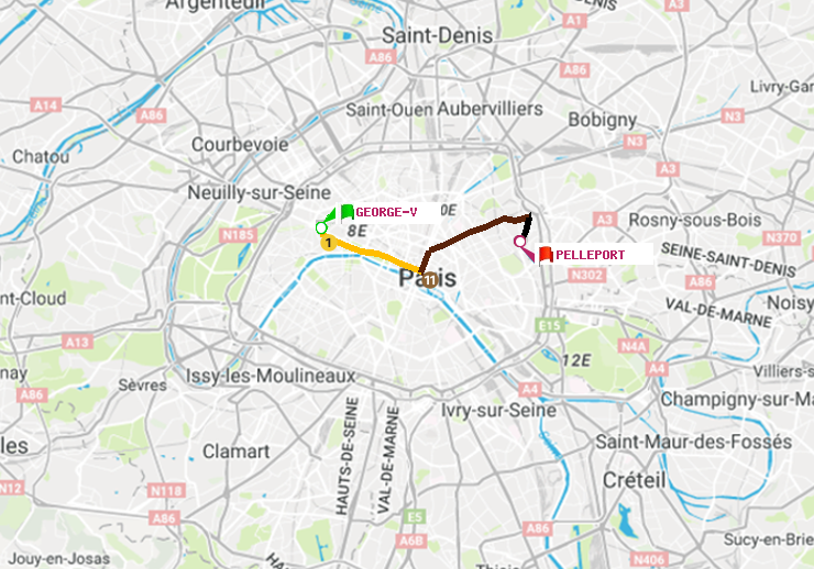 plan itinéraire ratp de George V à Pelleport