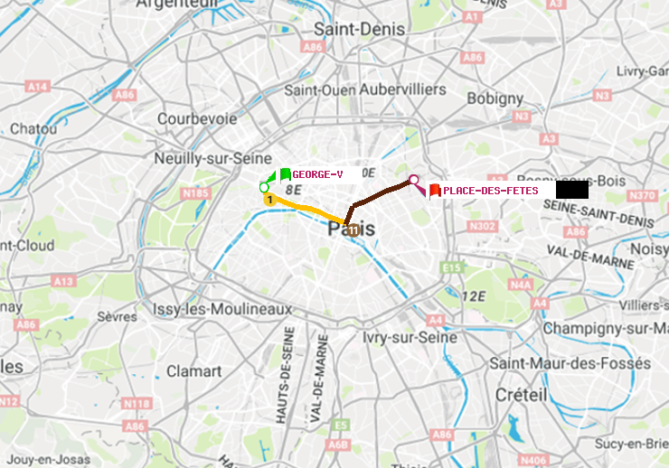 plan itinéraire ratp de George V à Place des Fêtes
