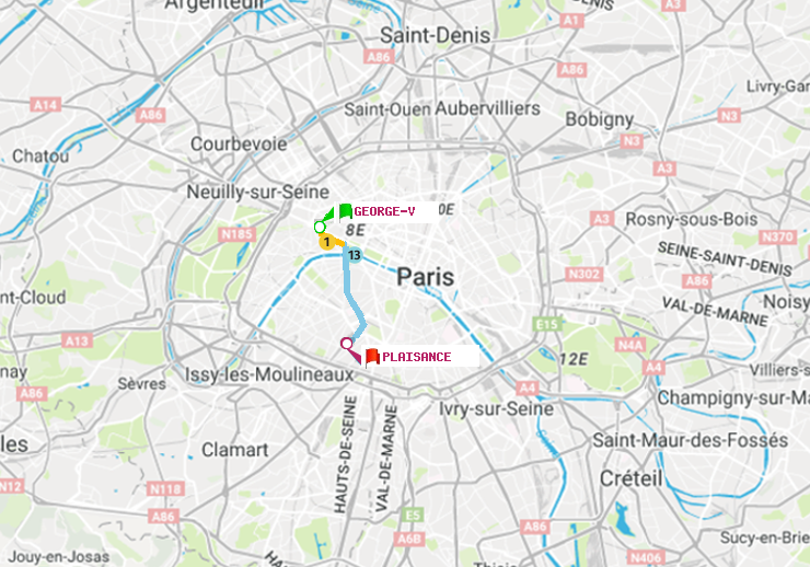 plan itinéraire ratp de George V à Plaisance