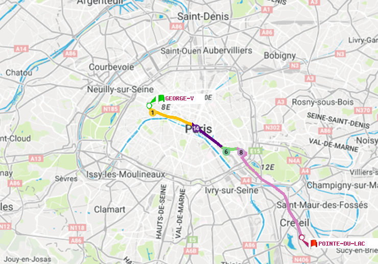 plan itinéraire ratp de George V à Pointe du Lac