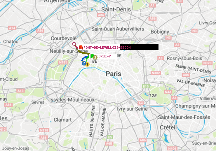 plan itinéraire ratp de George V à Pont de Levallois-Bécon