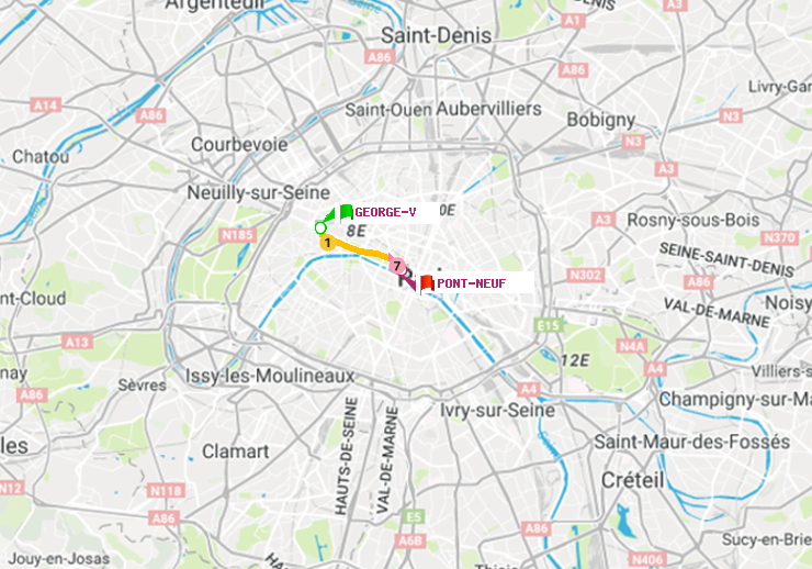 plan itinéraire ratp de George V à Pont Neuf