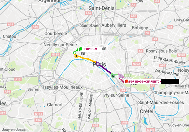 plan itinéraire ratp de George V à Porte de Charenton
