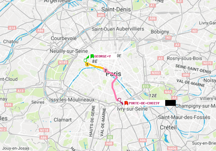 plan itinéraire ratp de George V à Porte de Choisy
