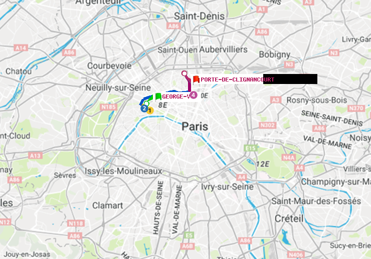 plan itinéraire ratp de George V à Porte de Clignancourt